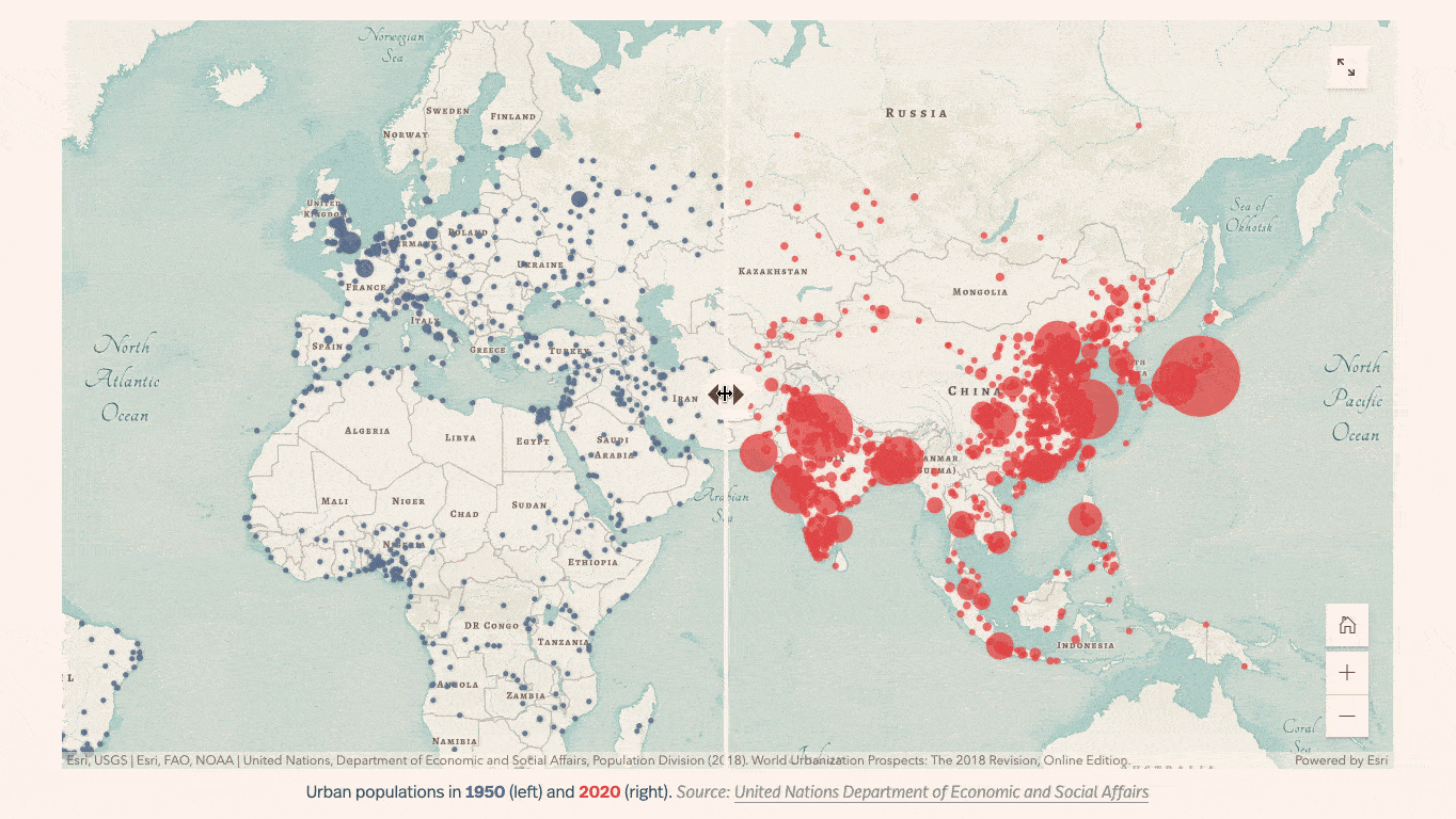 A screen recording of a swipe block comparing urban populations in 1950 and today A screen recording of a swipe block comparing urban populations in 1950 and today