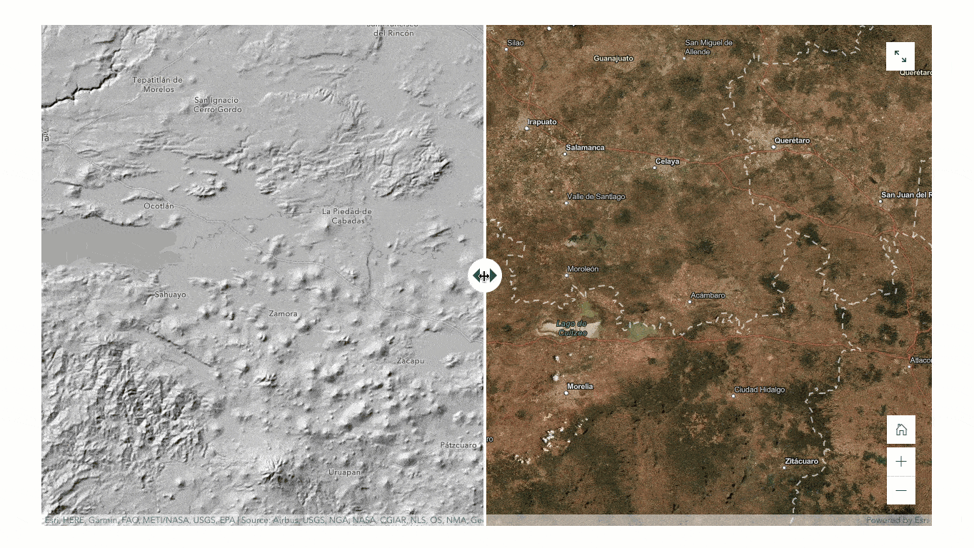 A screen recording of a swipe block comparing terrain to satellite imagery in central Mexico A screen recording of a swipe block comparing terrain to satellite imagery in central Mexico