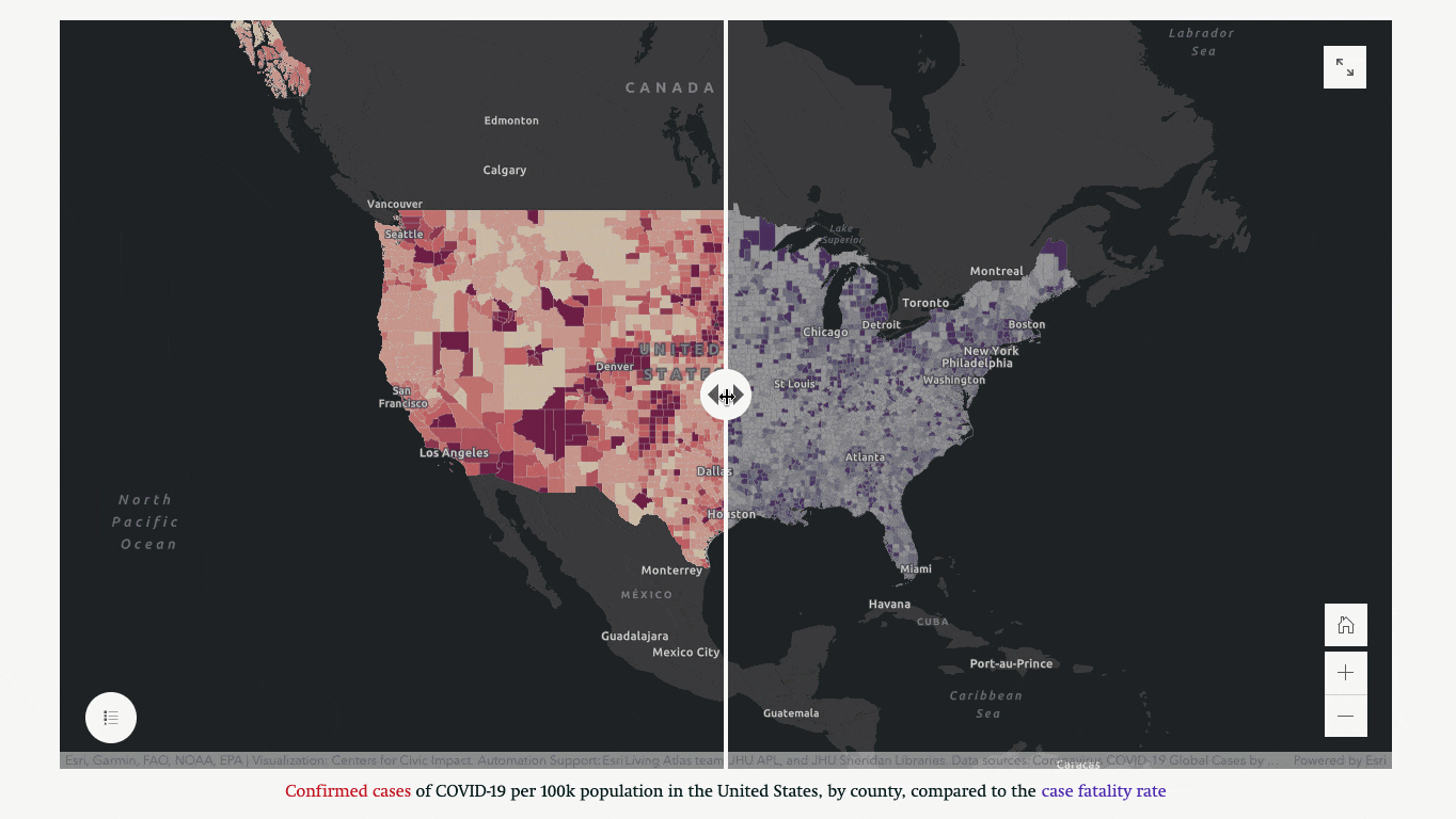 A screen recording of a swipe block comparing COVID-19 rates by county with the case fatality rate A screen recording of a swipe block comparing COVID-19 rates by county with the case fatality rate