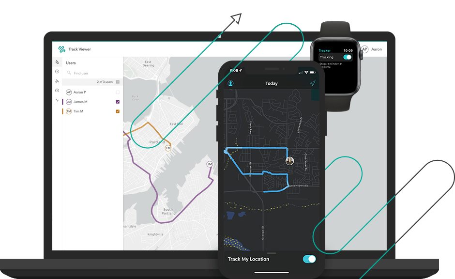 A laptop and mobile device showing the tracks on a map for an individual A laptop and mobile device showing the tracks on a map for an individual