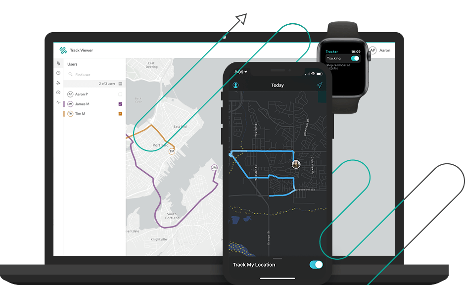 A laptop and mobile device showing the tracks on a map for an individual