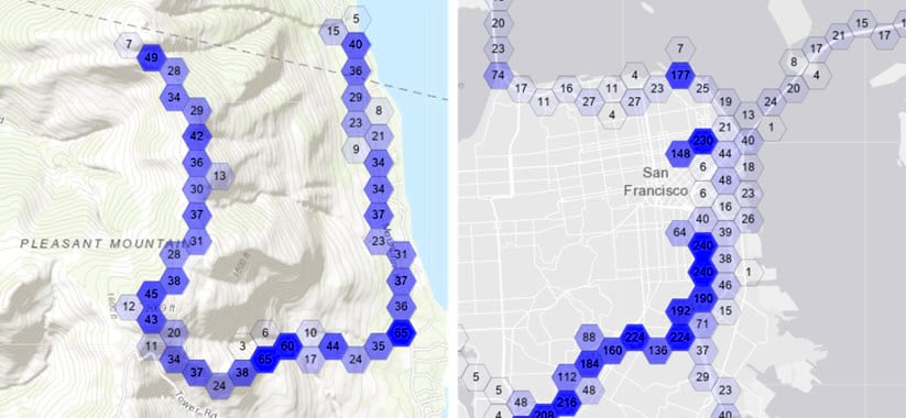 Two maps of aggregate tracks data. One representing the count of one person’s tracks, the other representing the count of multiple people’s tracks. 