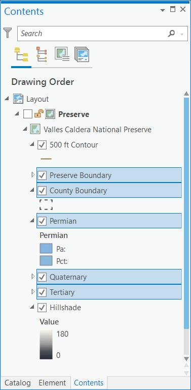 Selected layers in the Contents pane. These are the only layers added to the legend.