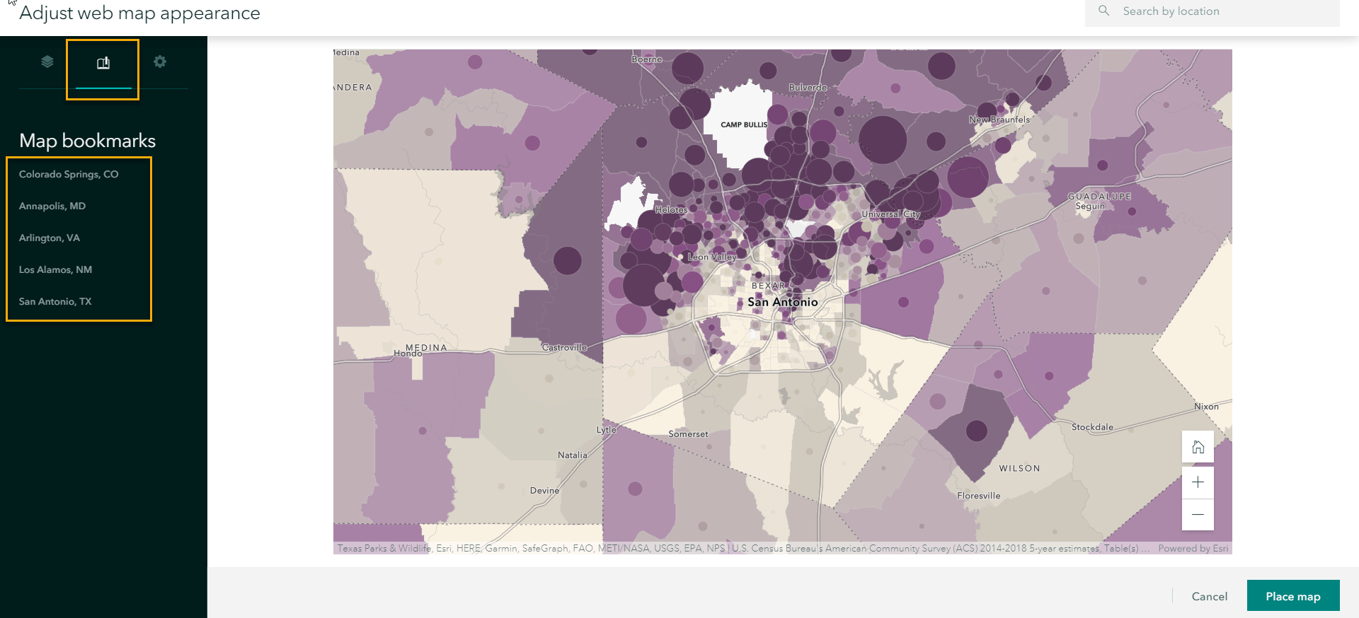 Working with the map's settings within ArcGIS StoryMaps, bookmarks set on the web map are visible here to help you place your map. Working with the map's settings within ArcGIS StoryMaps, bookmarks set on the web map are visible here to help you place your map.