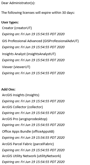 Email notification warning of an upcoming ArcGIS Enterprise portal license expiration Email notification warning of an upcoming ArcGIS Enterprise portal license expiration