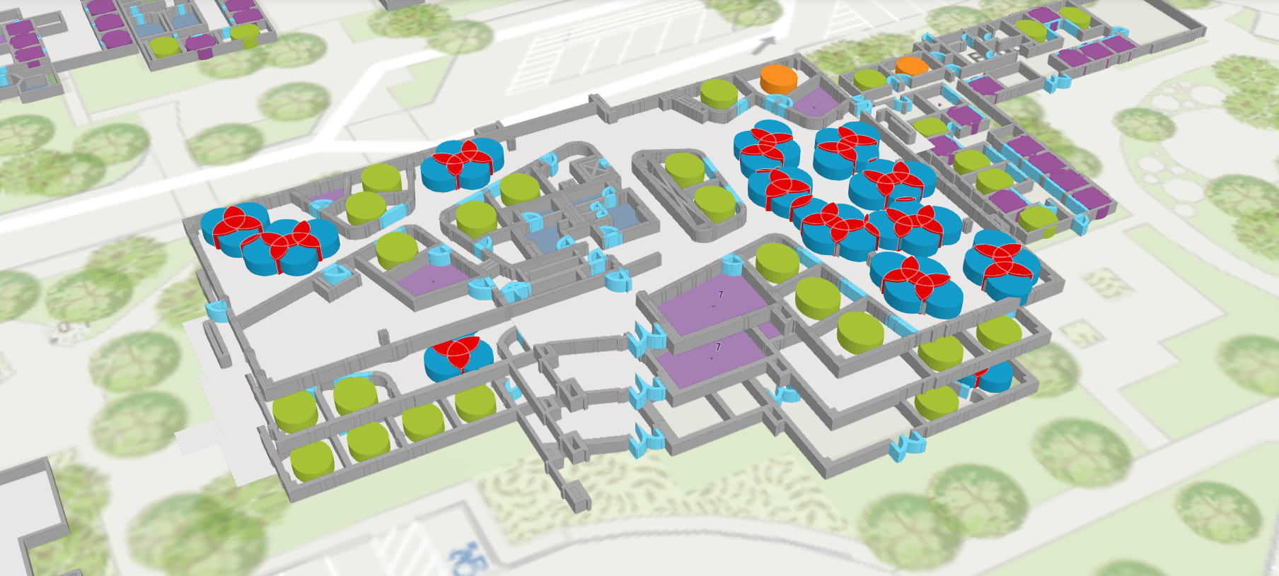 Three stacked building floorplans illustrating conflicts of social distance measurements for open seating areas.