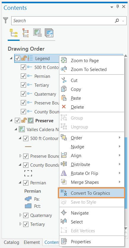 The convert to graphics button on the legend context menu in the Contents pane