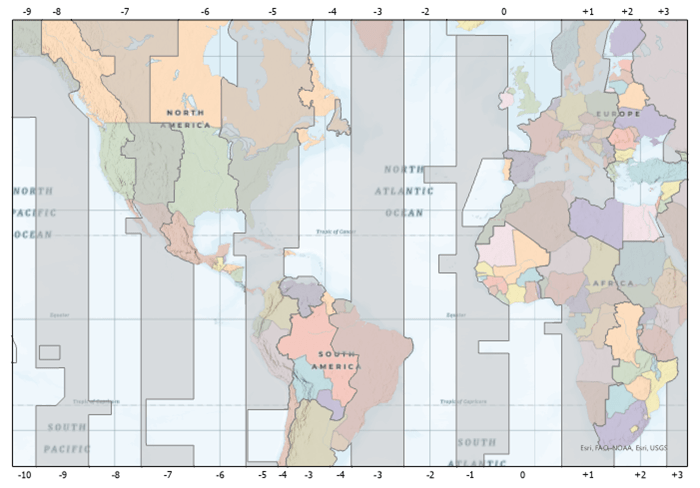 A world map with a custom grid showing time zones