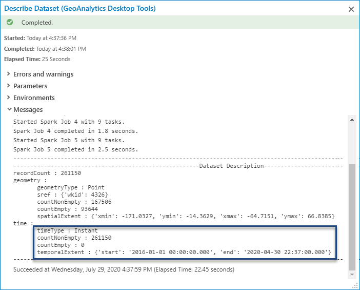Describe Dataset to verify time and geometry is registered correctly