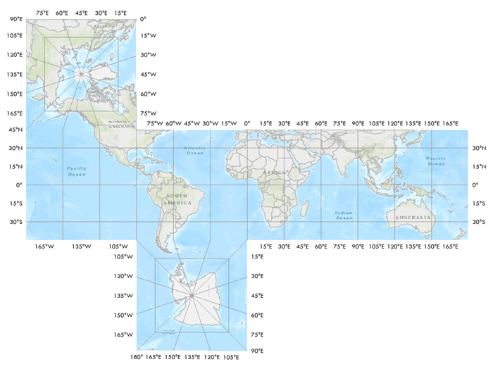 World map in the Cube projection with a 5 degree graticule