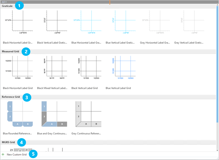 Insert grid interface in ArcGIS Pro showing the five types of grids that can be added. Insert grid interface in ArcGIS Pro showing the five types of grids that can be added.