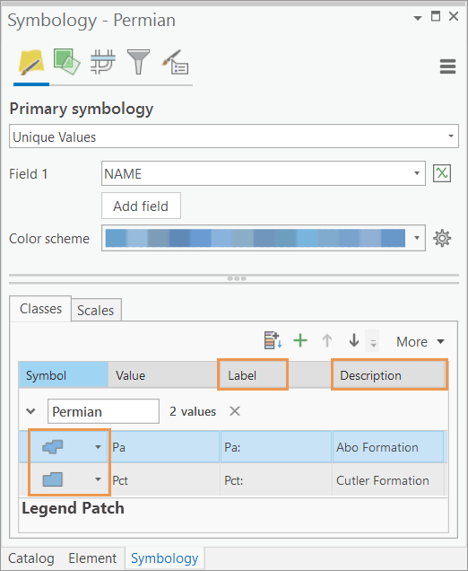 The symbology pane showing the label, description, and patch size