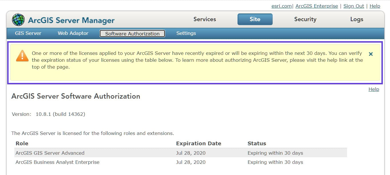 ArcGIS Server license expiration