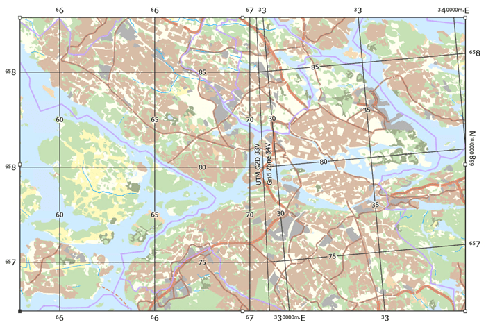 A map of land use in Stockholm, Sweden with 2 MGRS grids, for UTM zones 33 and 34 north