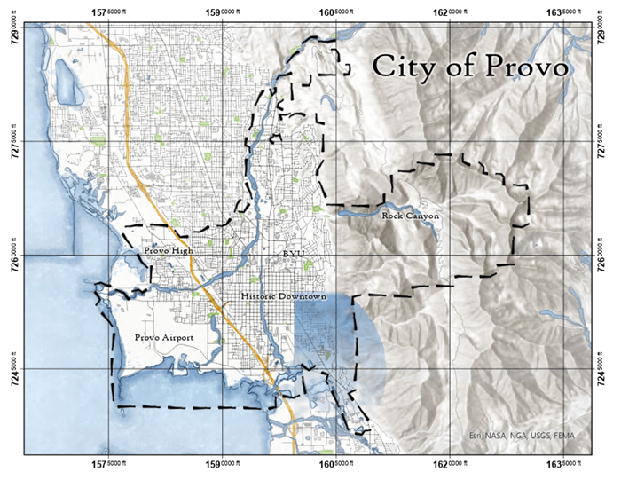 City map of Provo, Utah with a measured grid showing state plane coordinates