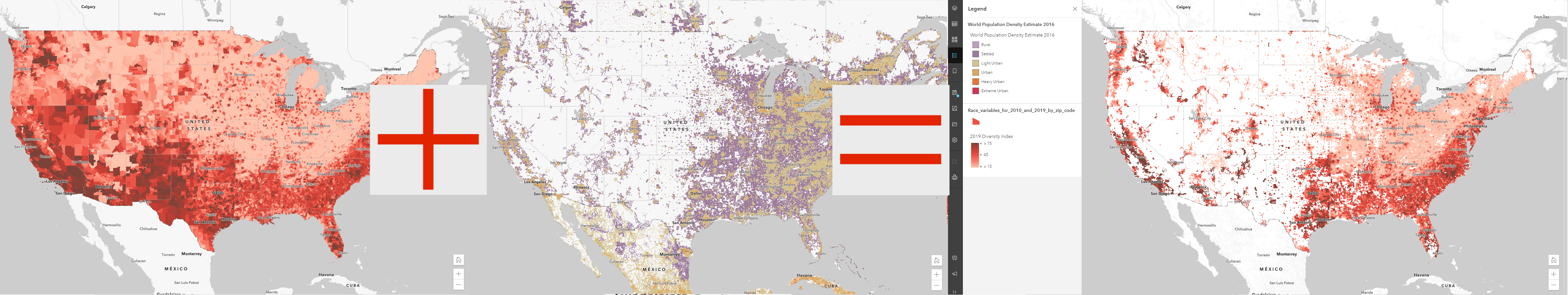 Figure 9: Polygon choropleth map blended with population grid using destination-atop method. Image by Jeremy Bartley.