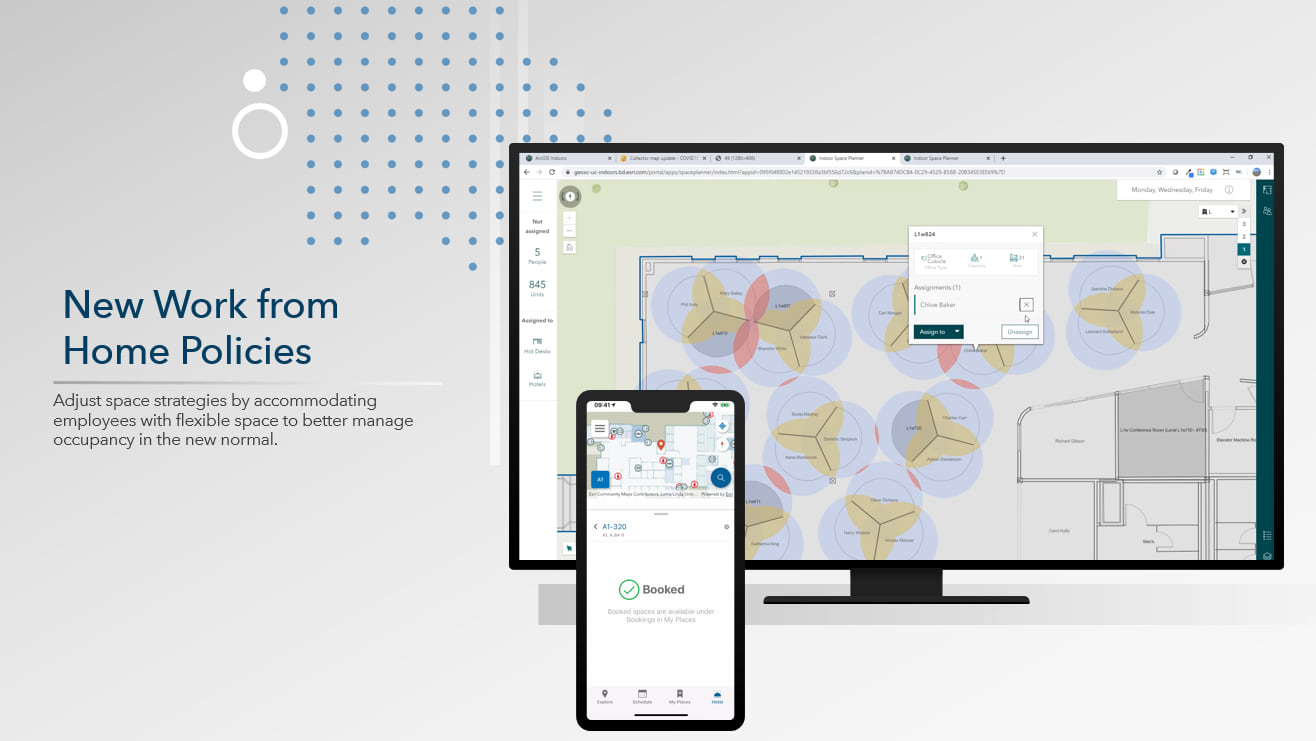 Indoors Space Planner and Mobile Workplace App for occupant wayfinding, workspace reservation, and sanitation requests.