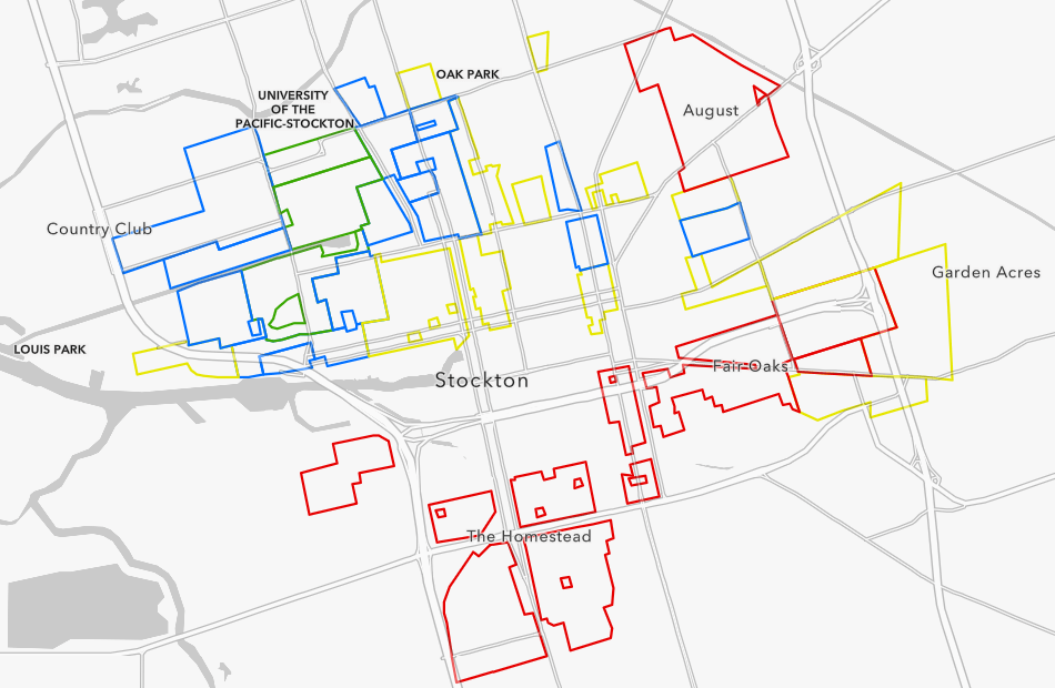 Map of Stockton, CA with neighborhood polygons outlined in colors: green, blue, yellow, and red which correspond to their historical grade of A, B, C, and D, respectively. Map of Stockton, CA with neighborhood polygons outlined in colors: green, blue, yellow, and red which correspond to their historical grade of A, B, C, and D, respectively.