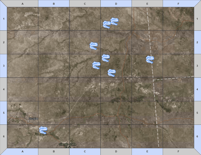 A map of T-Rex fossils with a reference grid diving the map into 36 equal squares. A map of T-Rex fossils with a reference grid diving the map into 36 equal squares.