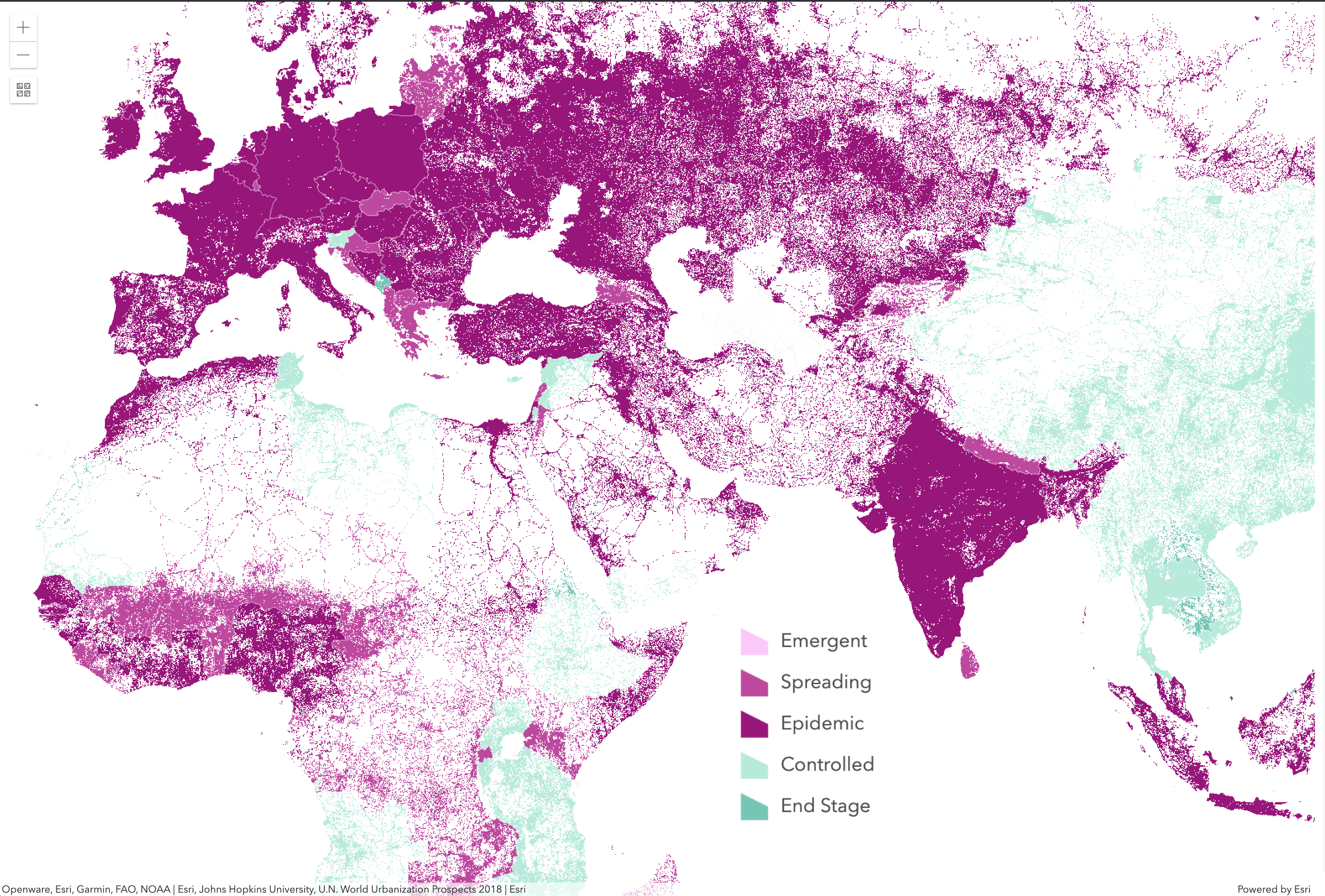 Figure 14: COVID-19 Trends around Indianapolis, IN, using the destination-atop method to blend World Population Estimate with county trends. Figure 14: COVID-19 Trends around Indianapolis, IN, using the destination-atop method to blend World Population Estimate with county trends.