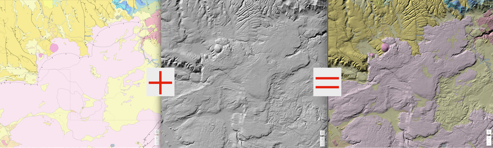 Figure 6: Full color polygons, with mountain hillshade blended from another layer using the blend method called multiply. Image by Jeremy Bartley. Figure 6: Full color polygons, with mountain hillshade blended from another layer using the blend method called multiply. Image by Jeremy Bartley.