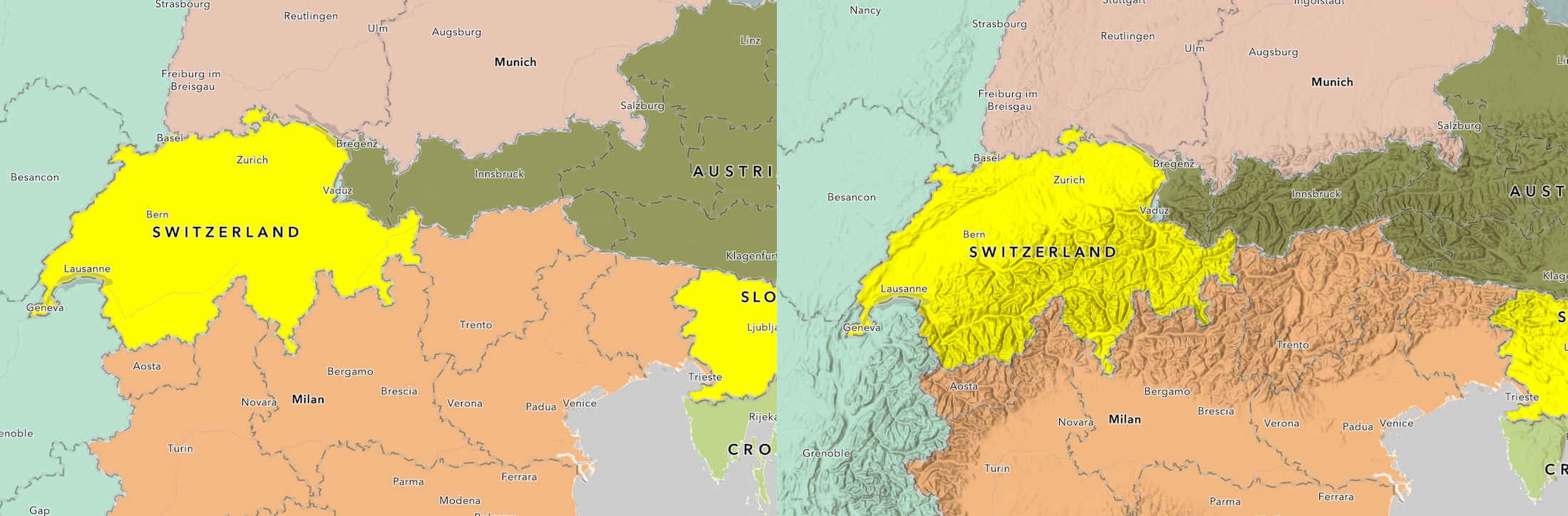 Figure 8: Enhance any map of countries or similar by adding some terrain, using the multiply method. Figure 8: Enhance any map of countries or similar by adding some terrain, using the multiply method.