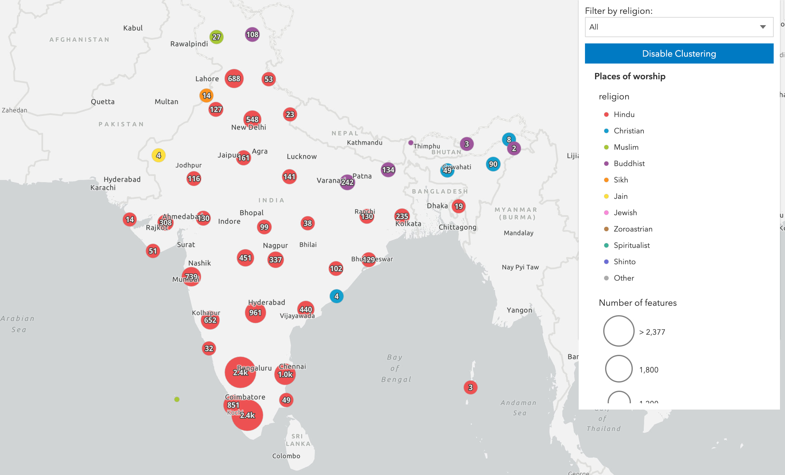 Places of worship in India clustered.
