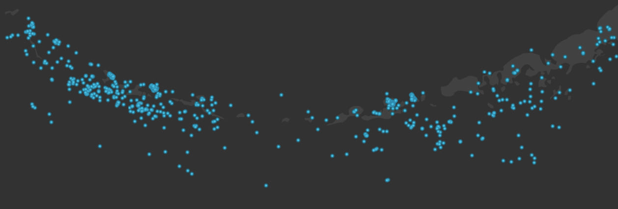 Earthquakes along the Aleutian Islands from the last 30 days. Not clustered.