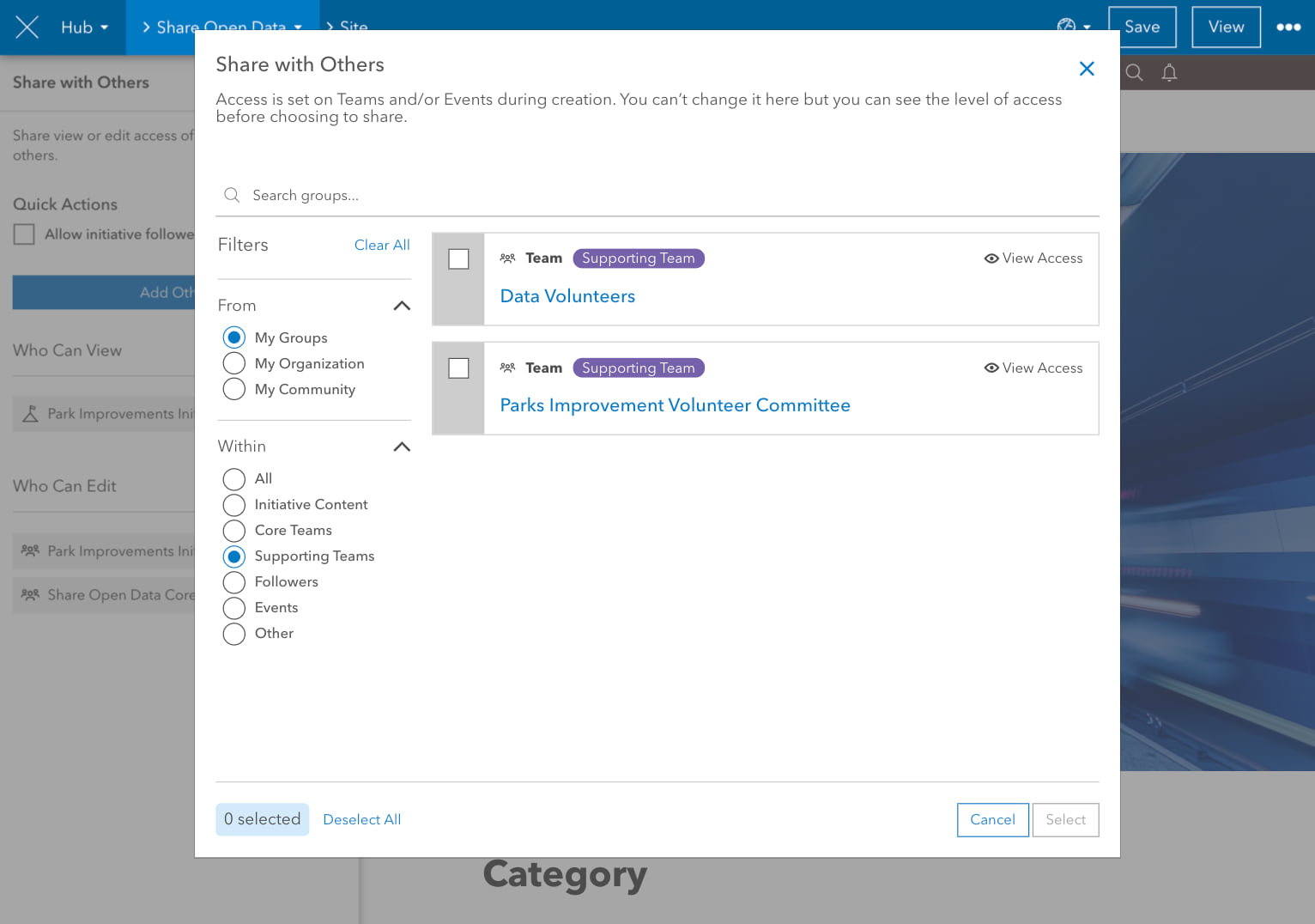 A filtered list of supporting teams in ArcGIS Hub.