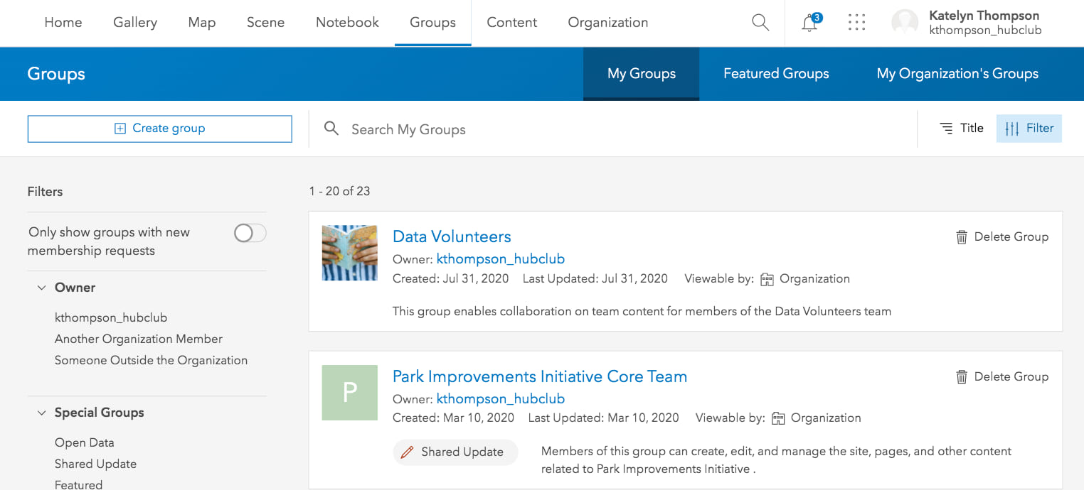 A list of groups in ArcGIS Online that correspond to the teams in ArcGIS Hub.