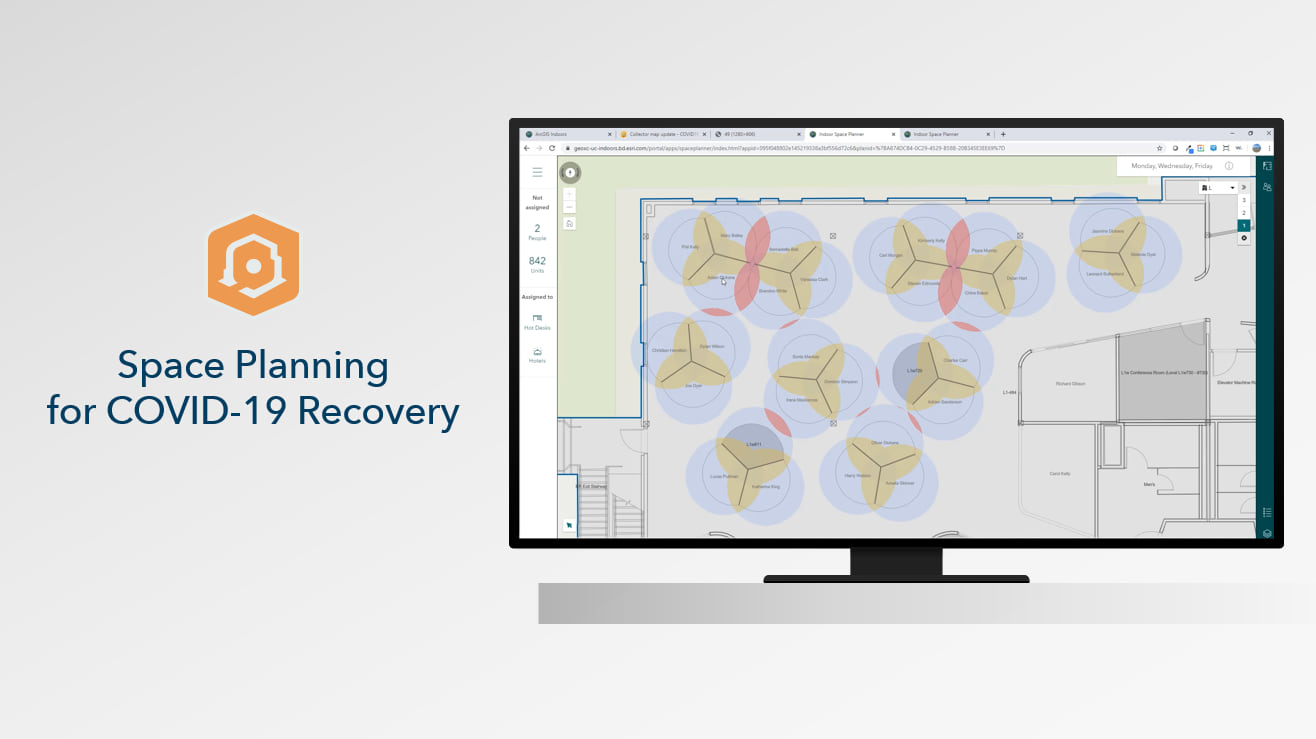 ArcGIS Indoors Space Planner illustrating social distance measures as an analytical layer to facilitate planning.