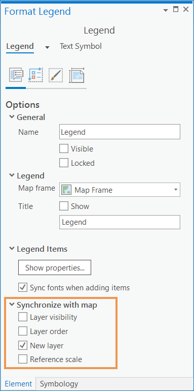 The sync properties in the Element pane