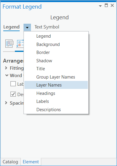 The legend part drop-down list in the Element pane.