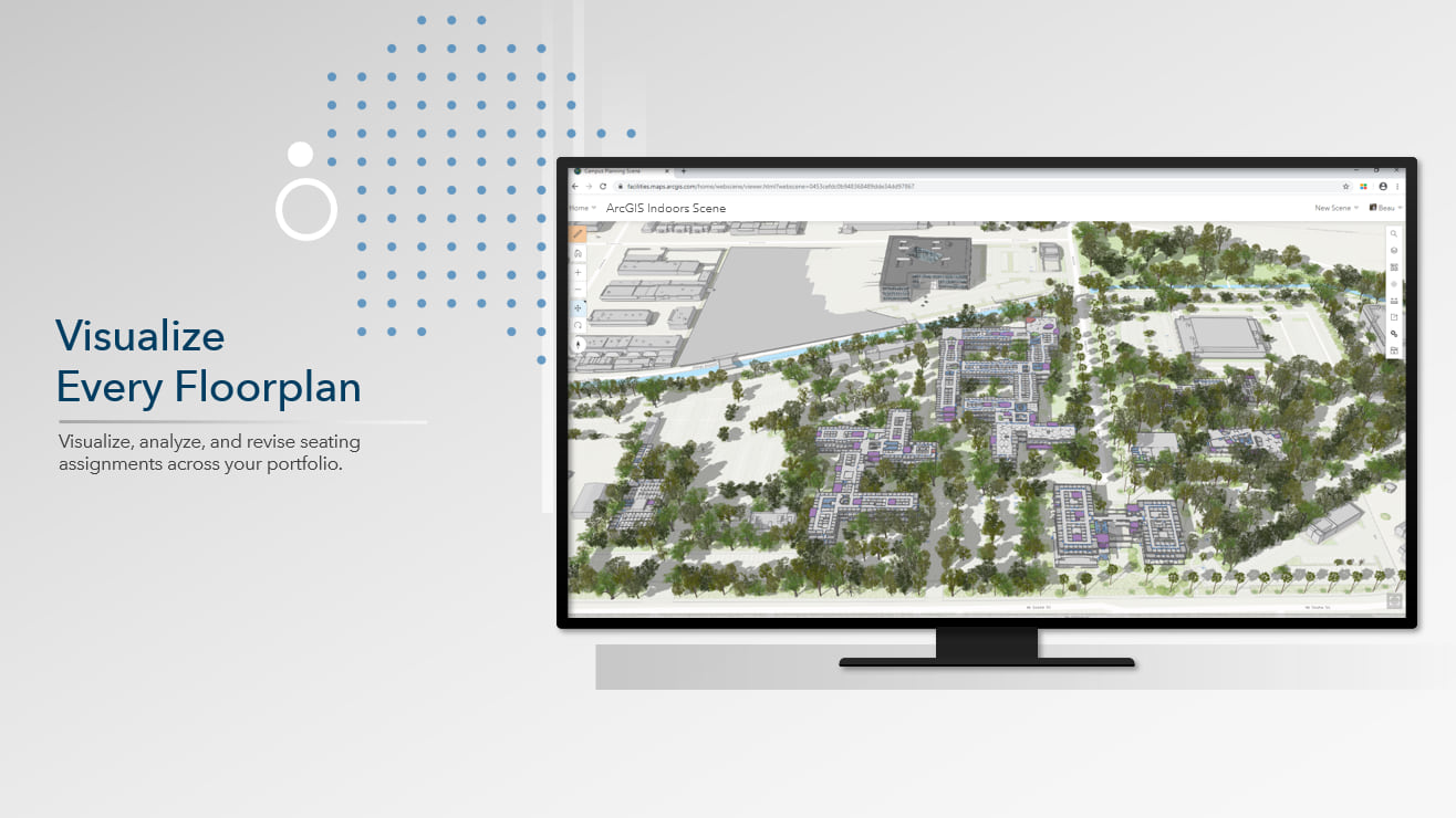 Floorplans stacked for many buildings across a campus environmentFloorplans stacked for many buildings across a campus environment in a web-based indoor map viewer.