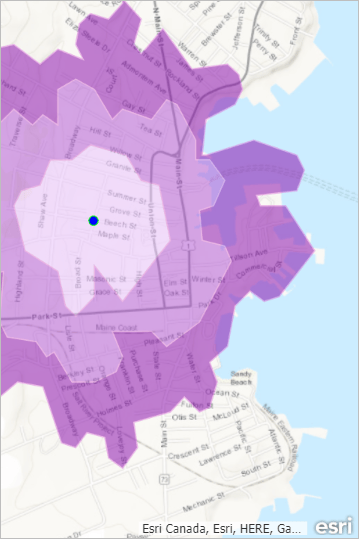 Walking time polygons symbolized on the map in purples