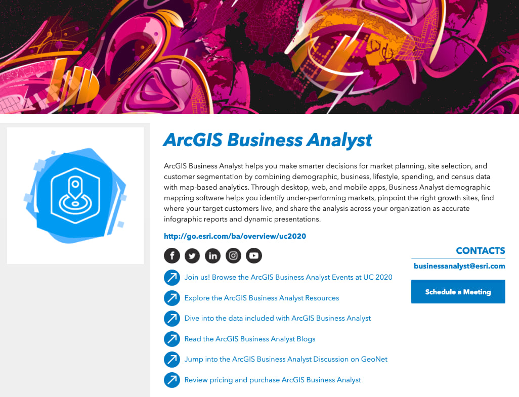 ArcGIS Business Analyst area page for the Esri UC 2020 virtual Expo