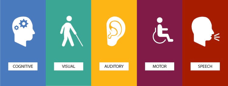 Visual representation of disability types such as cognitive, visual, auditory, motor, and speech