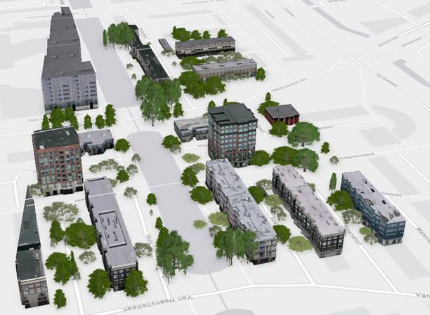3D scene created by classifying buildings and trees in point cloud 3D scene created by classifying buildings and trees in point cloud