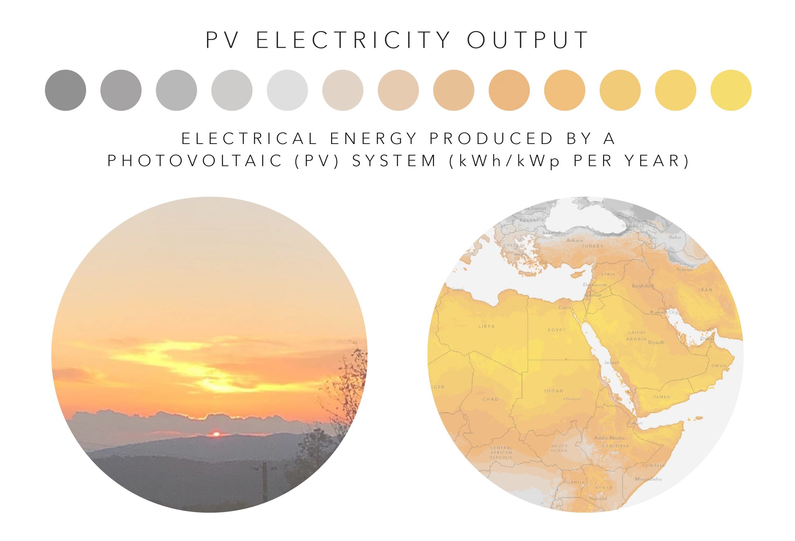 A picture of a sunset and the palette for the PV Electricity Output variable. A picture of a sunset and the palette for the PV Electricity Output variable.