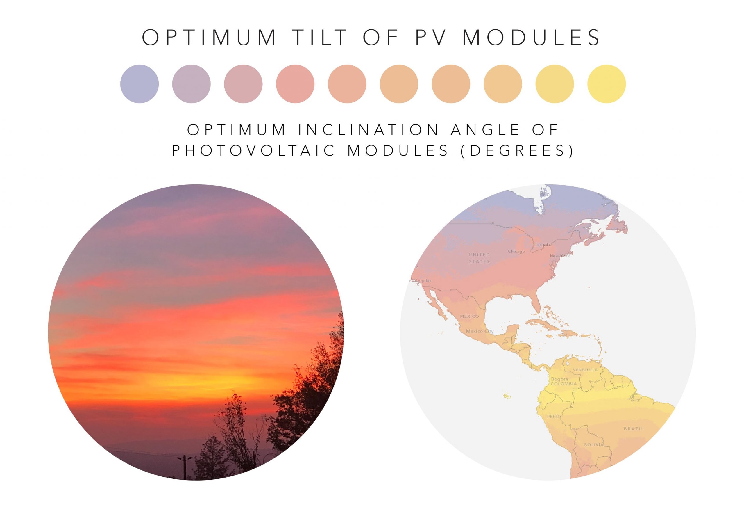 A picture of a sunset and the palette for the Optimum Tilt of PV Modules variable. A picture of a sunset and the palette for the Optimum Tilt of PV Modules variable.
