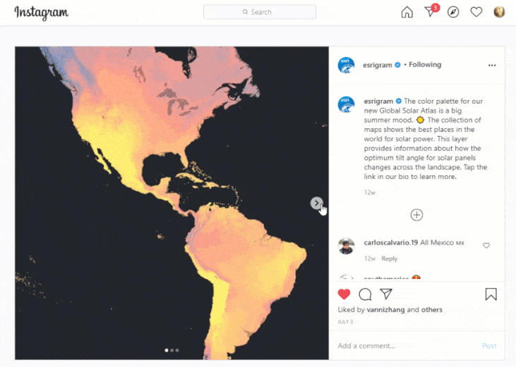 Instagram post showing the palette on a dark basemap.
