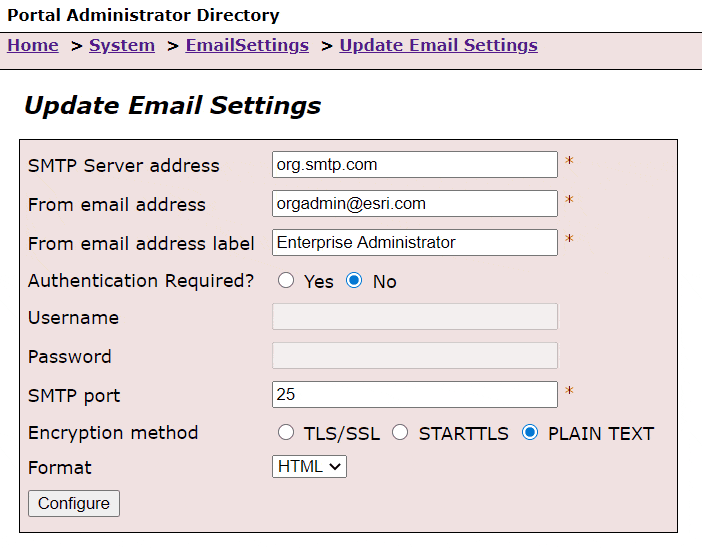 Configuring the email settings