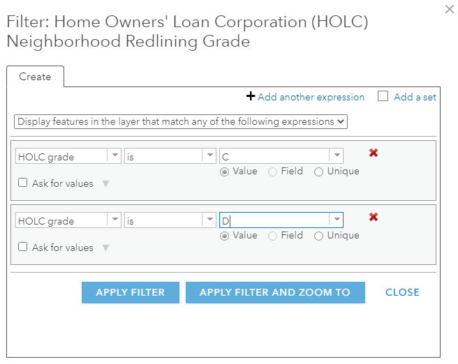 The filter dialogue box with the statement: "Display features in the layer that match any of the following expressions: HOLC_grade is C, HOLC_grade is D." The filter dialogue box with the statement: "Display features in the layer that match any of the following expressions: HOLC_grade is C, HOLC_grade is D."