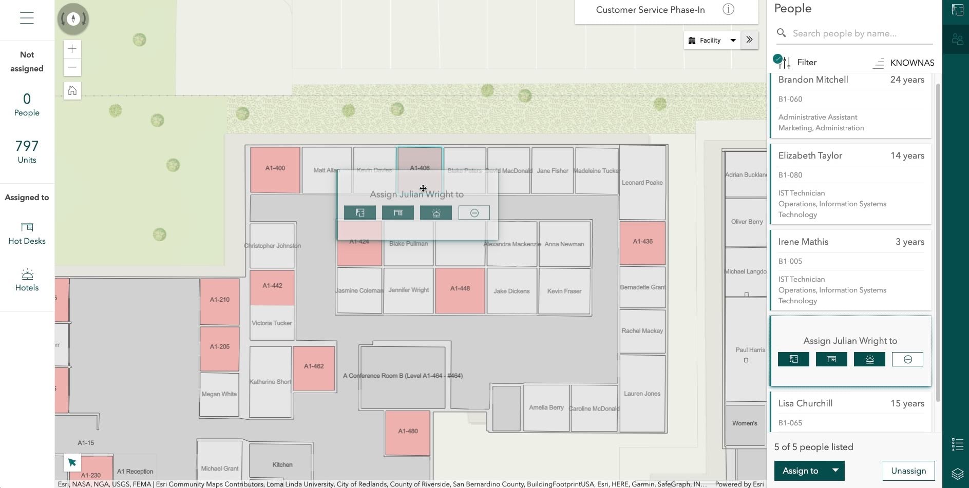 ArcGIS Indoors for ArcGIS Online is out now - space planner assigning a person to an office space