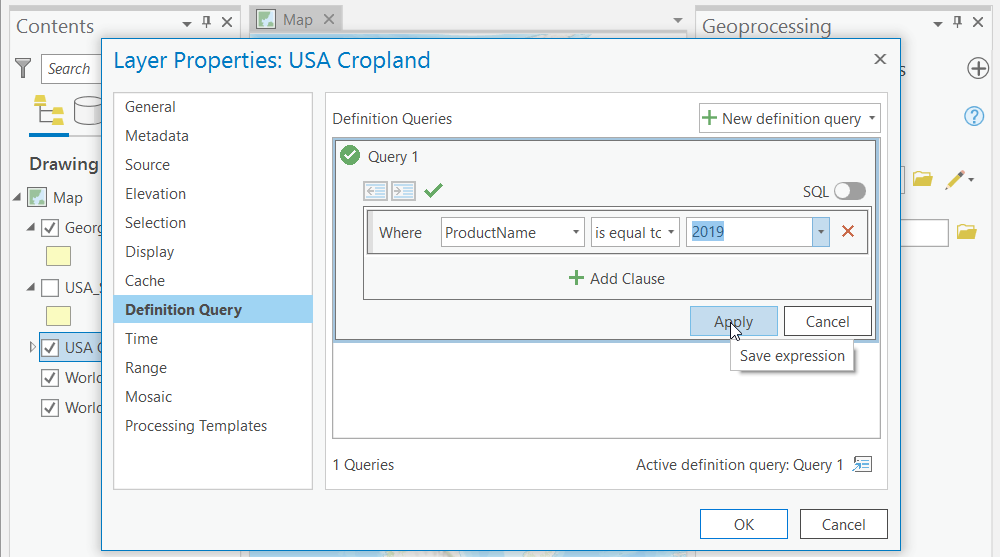 Applying a definition query to choose crop year 2019