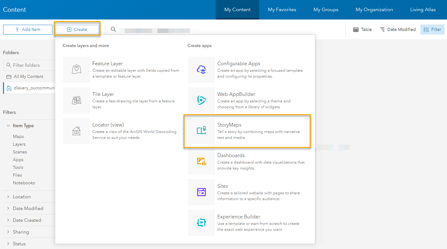 From My Content in ArcGIS Online, Create -> StoryMaps From My Content in ArcGIS Online, Create -> StoryMaps