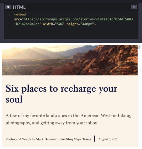 Screenshot of an HTML editor using embed code to embed a story from ArcGIS StoryMaps Screenshot of an HTML editor using embed code to embed a story from ArcGIS StoryMaps