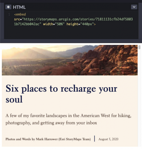 Screenshot of an HTML editor using embed code to embed a story from ArcGIS StoryMaps