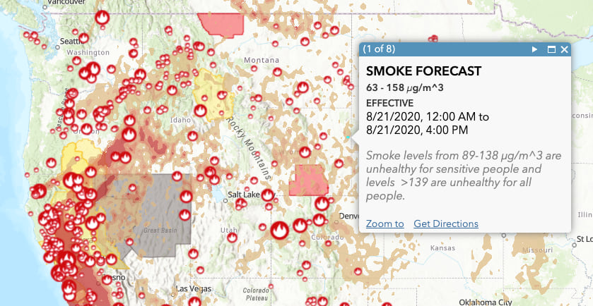 Wildfire and weather map showing popup of smoke forecast