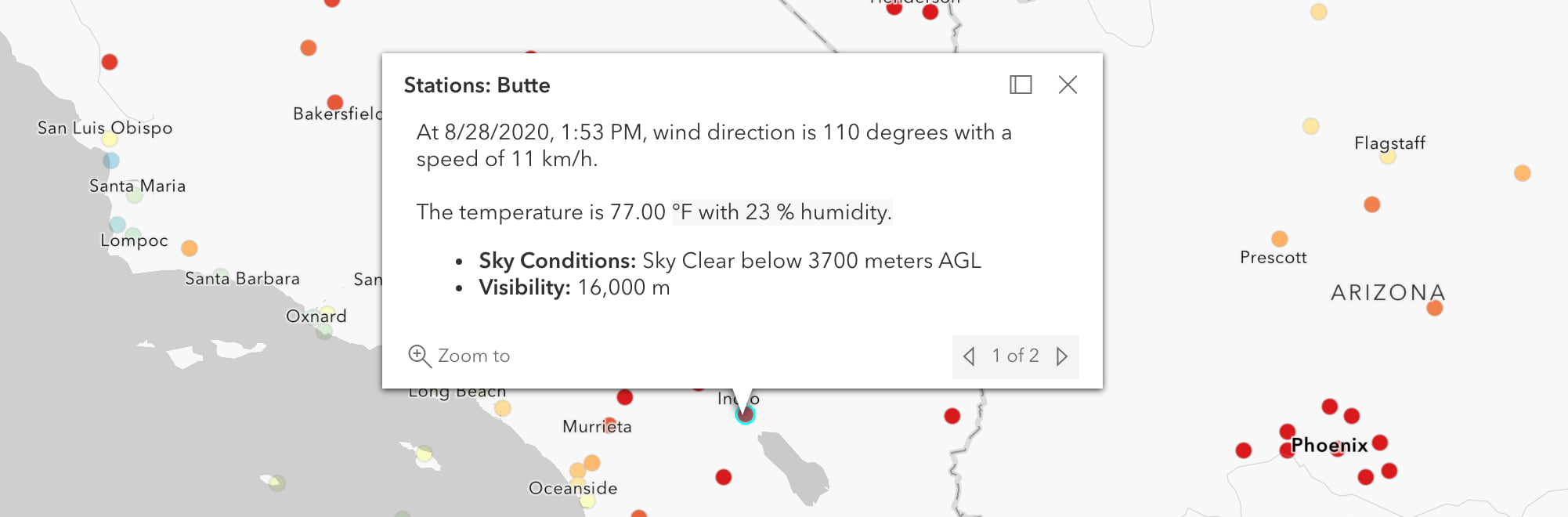 The popup defined on the Current Weather and Wind Station Data layer in the Living Atlas. The Living Atlas contains hundreds of authoritative layers with popups already configured and ready to use in production web apps. The popup defined on the Current Weather and Wind Station Data layer in the Living Atlas. The Living Atlas contains hundreds of authoritative layers with popups already configured and ready to use in production web apps.